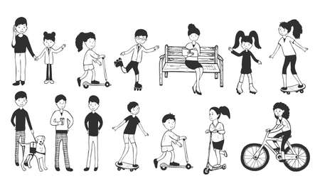 Vector illustration of walking people. Man, woman and children performing outdoor summer activities. Cycling, skateboarding, reading book, scooting, roller skating. Vintage hand drawn style.のイラスト素材