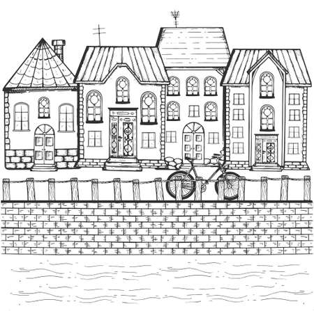 Vector hand drawn illustration of small provincial town street on river bank in vintage engraved style. Isolated on white background.のイラスト素材