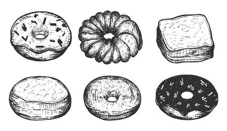 Vector illustration of donut set. Sweet sugar glazed icing dessert with chocolate chips. Confectionary assortment. Vintage hand drawn style.のイラスト素材