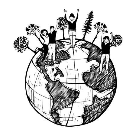 happy green world vector, illustration, cartoon, doodle, style, hand, drawn, vintage, outline, Cheerful people on globe planet celebrating environment ecology day green earth symbolのイラスト素材