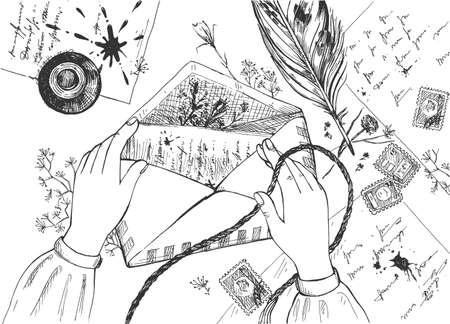 Vector illustration of letter envelope with woman female hands writing and hand making decorations. Holiday greetings card mail. Vintage hand drawn engraving etched style.のイラスト素材