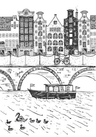 Vector illustration of Netherlands street. Old buildings, channel, bicycle. Vintage hand drawn engraving etched style.のイラスト素材