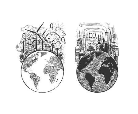 Vector illustration of earth ecology icon. Traditional factory plant causing industrial environmental pollution and green city supplied alternative clean energy sources. Vintage hand drawn style.のイラスト素材