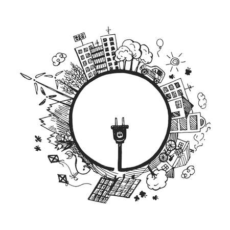 Vector illustration of natural protection for healthy life. Renewable alternative clean energy sources as windmill, solar battery on earth planet, plant stem wire with plug. Vintage hand drawn style.のイラスト素材