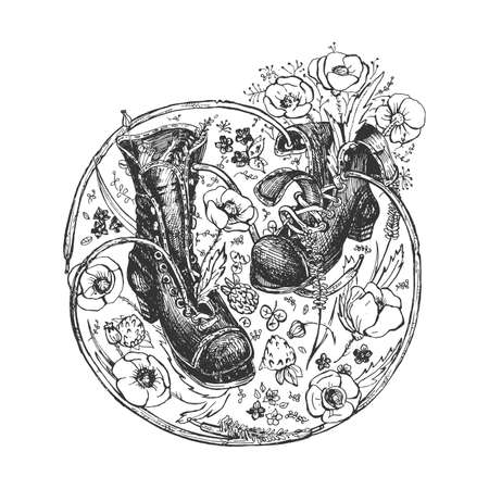 Vector illustration of old boots. Retro hiking shoes on round floral frame with meadow flowers ornate. Vintage hand drawn style.のイラスト素材