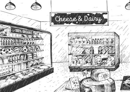 Vector illustration of Cheese and dairy in supermarket. Grocery shop interior with wooden crate rack full of fresh organic natural farm food. Vintage hand drawn style.のイラスト素材