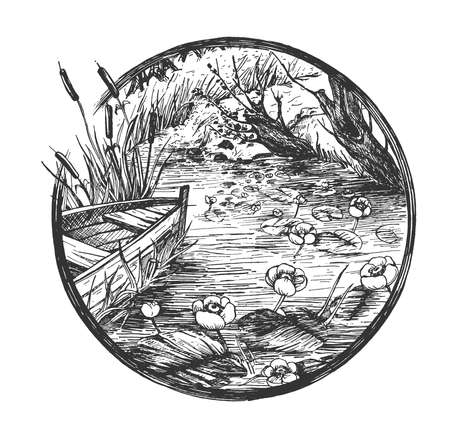 Vector hand drawn illustration of river with blooming water lily flower, leaves and wooden boat in bed of rushes in vintage engraved style. Isolated on white background.のイラスト素材