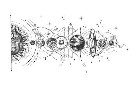 Vector hand drawn illustration of planet with satellite arrangement from sun sketch. Solar system infographic in vintage engraved style. Isolated on white background.のイラスト素材
