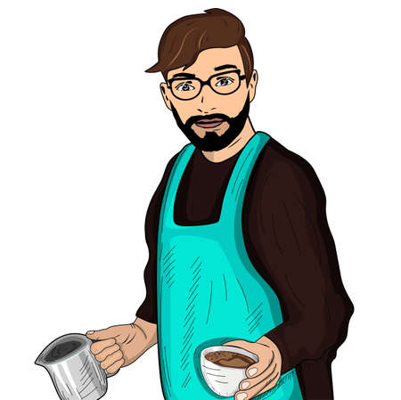 Vector illustration of barista character. Friendly smiling man coffeemaker holding cup of coffee and coffeepot over polka dot sunbeam rays pop art background. Vintage hand drawn style.のイラスト素材