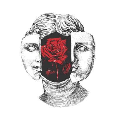 Vector hand drawn illustration of Aphrodite goddess of beauty portrait with red rose inside head in vintage engraved style. Isolated on white background.のイラスト素材