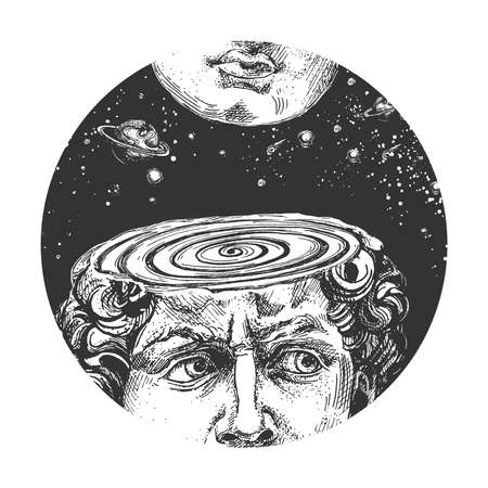 Vector hand drawn illustration of David head face antique Michelangelo statue over cosmic space with planet and star. Fornasetti art plate in vintage engraved style. Isolated on white background.のイラスト素材