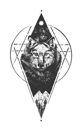Vector hand drawn illustration of wolf muzzle on dark sky over mountain forest emblem engraved...