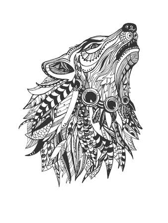 Vector hand drawn illustration of wild fanged wolf howling in vintage engraved style. Animal portrait isolated on white background.のイラスト素材