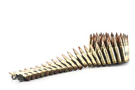 Cartridge 7 62 mm caliber with link, Machine gun bullet isolated 