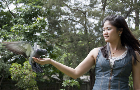 Beautiful Asian woman feeding a pigeon の写真素材