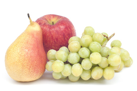 Fresh pear grape and apple isolated on white background の写真素材
