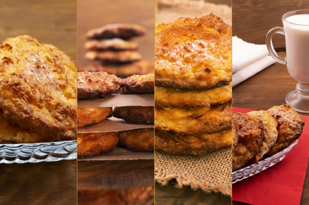 Collage of photos of round cookies, laid in different ways on a wooden background.の写真素材
