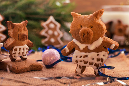 Roasted pigs of dough â edible decorations for Christmas, next new year's toys and tinsel.の写真素材