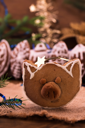 Cookies with icing sugar in the shape of a pig's head on the background of Christmas decorations, the symbol of the year of the pig.の写真素材