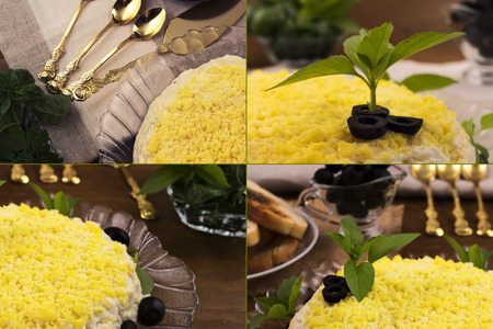 Collage of photos of a festive dish of bright yellow color.の写真素材
