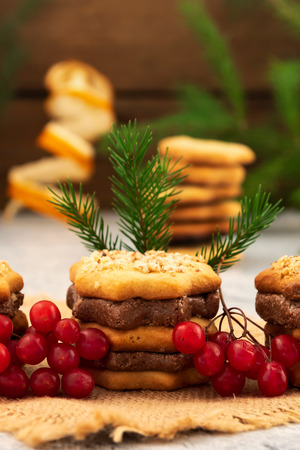 Figured cookies with a layer of chocolate filling, red berries of viburnum, spruce branch with green needles, Christmas card, Christmas decorations.の写真素材