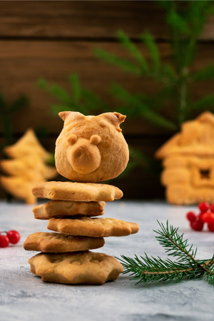 Shaped cookies in the form of stars and pig's head, stacked on top of each other, the symbol of 2019, Christmas card, Christmas decoration.の写真素材