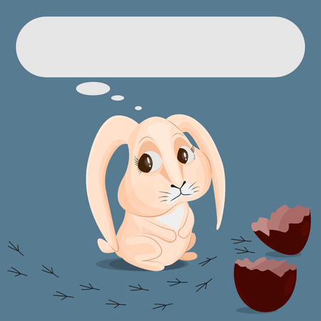 The beige rabbit is looking sadly at a broken chocolate egg and traces of a bird. Egg shell halves. Concept of losing a friend. Place for text.のイラスト素材