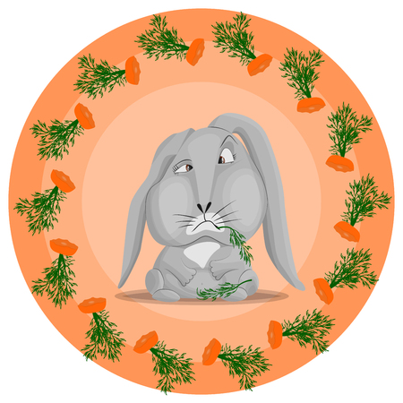 Vector pattern with a gray rabbit that has eaten carrots. The remains of carrots in a circle on an orange background. The concept of gluttony and indifference in food.のイラスト素材