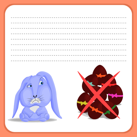 A blue rabbit looks at a pile of chocolate eggs. Concept of diet, ban on sweets, restriction on food. Blank lines for writing.のイラスト素材