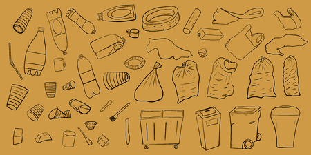 A set of plastic items for recycling and recycling. To create a design on the topic of prevention of pollution with plastic garbage.のイラスト素材