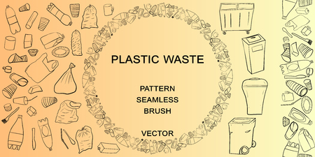 A set of plastic elements in a linear style. Seamless patterned brush. Garbage bins for waste. Plastic garbage pollution prevention concept.のイラスト素材