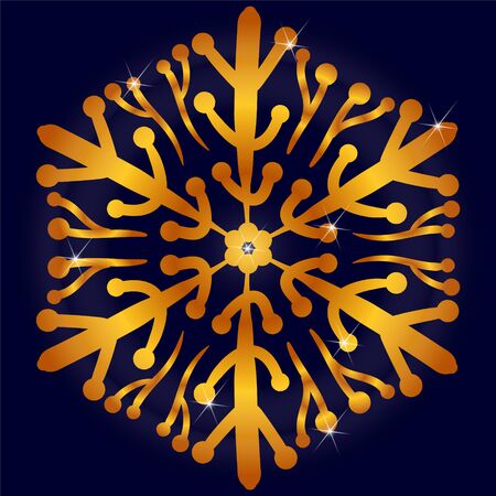 Snowflake of gold color with a gradient in the style of hand-drawing on a dark blue background. For the design of cards for the winter theme, New Year's invitations, print fabrics.のイラスト素材
