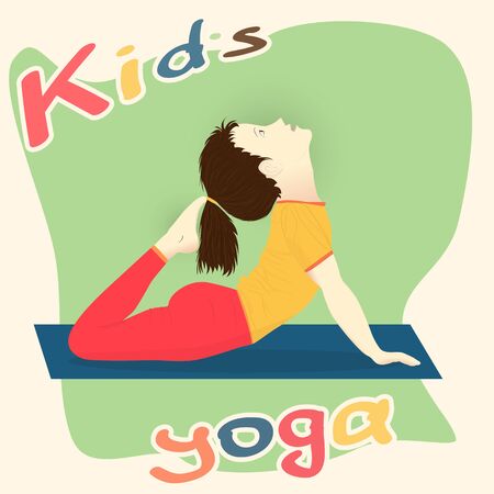 The girl practices yoga. Gymnastics for children. Healthy lifestyle. The text "Kid's yoga." Pose for training the spine for children.のイラスト素材