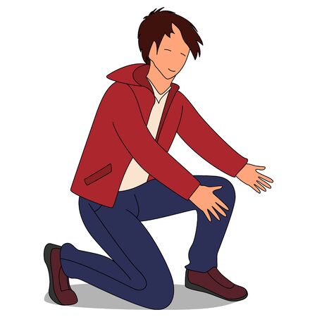 A young man in a red jacket and blue jeans sat down on one knee. Isolated on white background.のイラスト素材