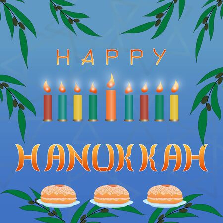Set of elements for the Jewish holiday of light - a happy Hanukkah. Sweet donut on a plate, olive branch, colorful lighted candles. Greeting card.のイラスト素材