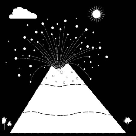 White silhouette of the awakened volcano on a black background. Stones being thrown out of the...