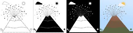 Vector set stock images awakened volcano in line style, silhouette black, white silhouette, flat style. Stock vector illustration of stones being thrown out of the crater. The volcano begins to erupt.のイラスト素材