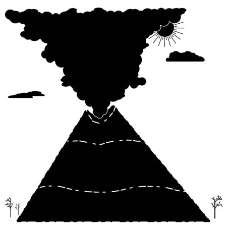 The black silhouette of an erupting volcano on a white background. Emission of ash and smoke from the crater. Stock vector illustration of the disaster - the explosion of the volcano.のイラスト素材