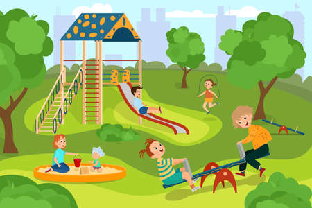 Small children play in the playground in summer. Cheerful boys and girls swing on swings, jump rope, ride a children's slide. Play park, playground in a flat style.のイラスト素材