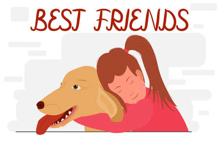 The girl hugs a big dog. Lettering: Best friends. Friendship of children and pets. Vector in a flat style.のイラスト素材