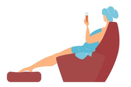 A woman in a blue towel sits in a chair and drinks a drink from a glass. The girl in the spa salon makes procedures for beauty and health. Body positivity isolated on white.のイラスト素材