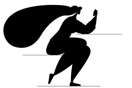 A woman enthusiastically reads a book, sitting at the table. Vector in silhouette style isolated on white.のイラスト素材