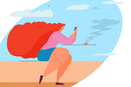 A woman reads a book against a background of sky and clouds. The girl is sitting with a book and a cup of hot coffee. Stylish vector illustration in a flat style.のイラスト素材