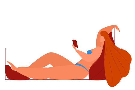 A girl in a bathing suit lies on the pillows and reads a book. Isolated on white.のイラスト素材