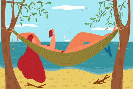 A girl in a swimsuit lies in a hammock on the seashore and reads a book. Summer vacation on the ocean coast.のイラスト素材