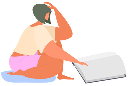 The girl is reading a big book. The woman is sitting on the floor with her leg bent. Vector in a flat style isolated on white. The girl dreams of what she has read.のイラスト素材