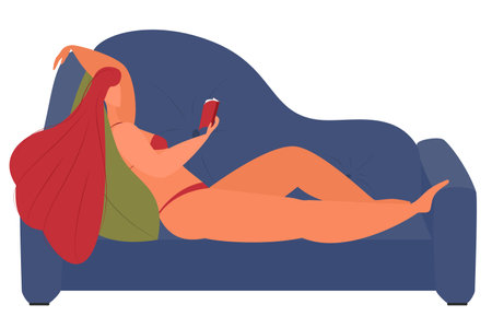 A girl in a swimsuit lies on the couch and reads a book. Isolated on white. Body positive, homework, hobby.のイラスト素材