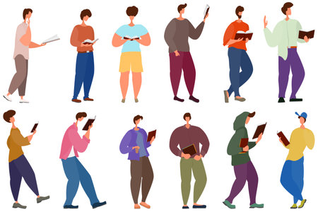 People are standing and reading a book. Men in different positions hold a book in their hands. Set of shapes isolated on white. Vector in flat style.のイラスト素材