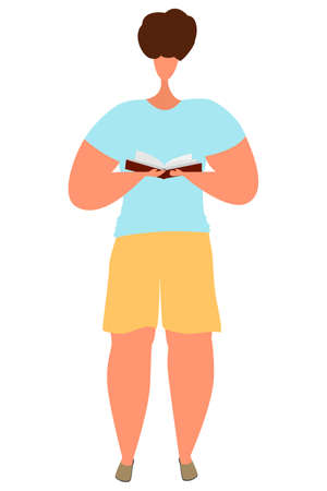 A character in yellow shorts holds a book in both hands. A man in a blue T-shirt is standing and reading a book. Vector illustration isolated on white, flat style.のイラスト素材