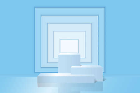 Pedestal of three steps for exhibition, rewarding, presentation. Abstract blue background. Vector 3d realism.のイラスト素材